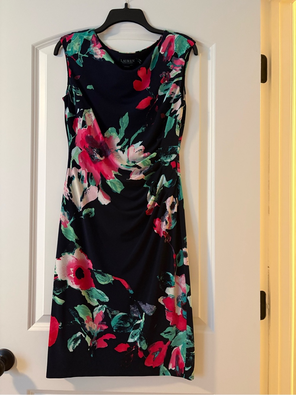 Ralph Lauren Navy Floral Sheath Dress with Pink & Green Blooms